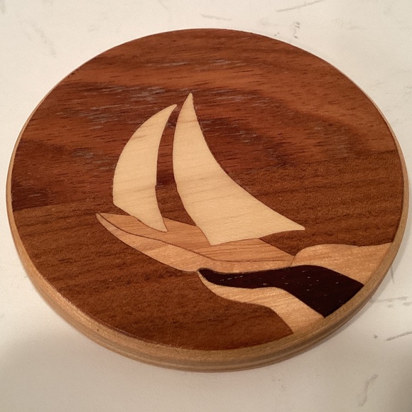 Wood Inlaid 4 Coasters Sailboat and Mountain Sunset - Picture 5 of 7